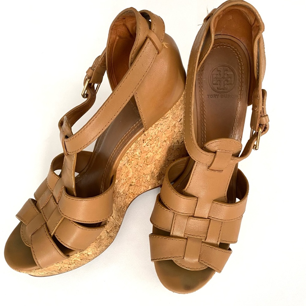 Tory Burch Shoes Wendelle Leather Cork Wedges Sandals Brown size 8.5 - Picture 2 of 16